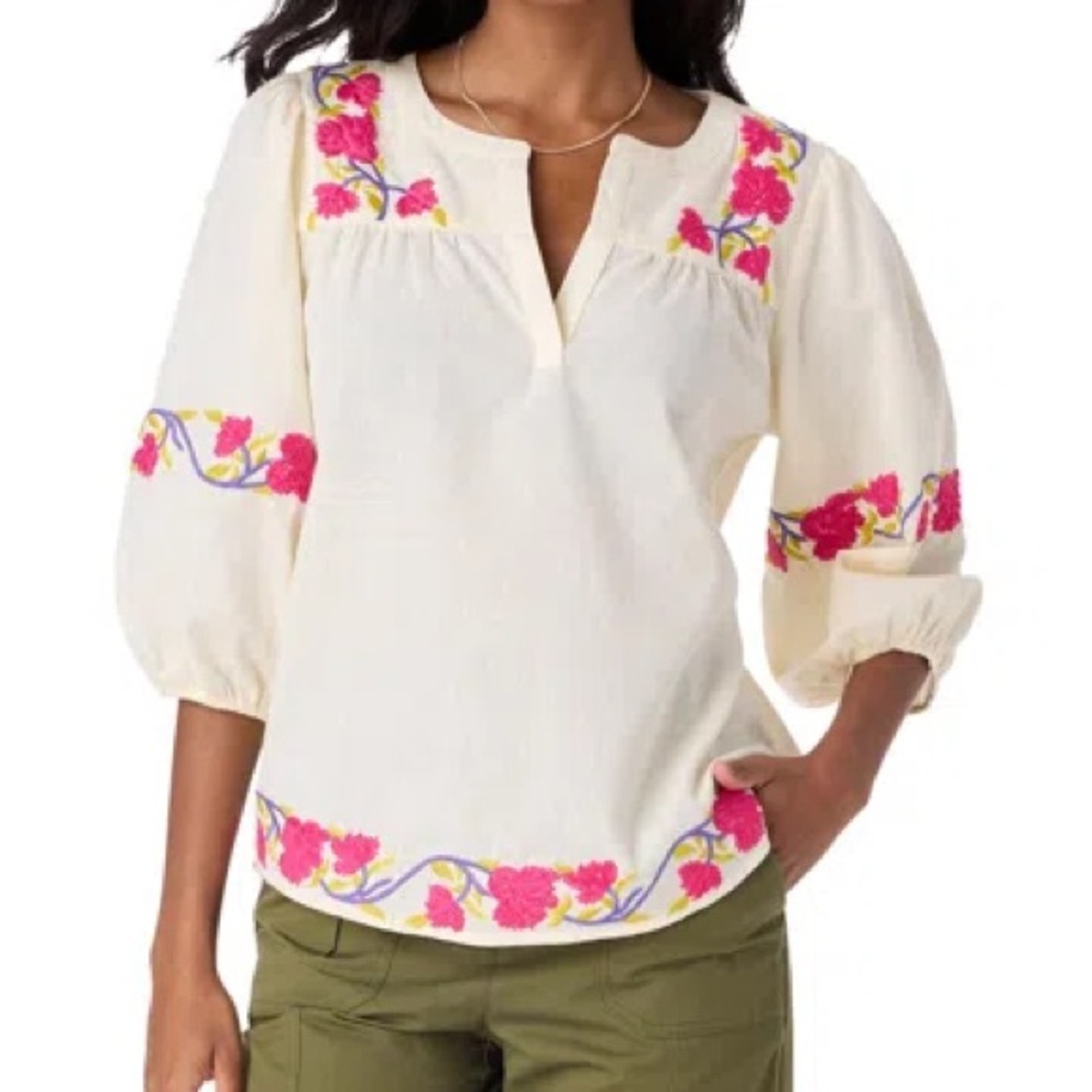 Roller Rabbit NWT Column Embroidery Michi Cream‎ V Neck Top Women's Size S Boho
